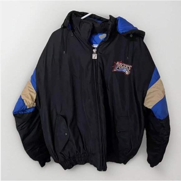VTG XL 90s Y2K NBA Philadelphia 76ers Sixers Zip Jacket Black Puffer 6ers